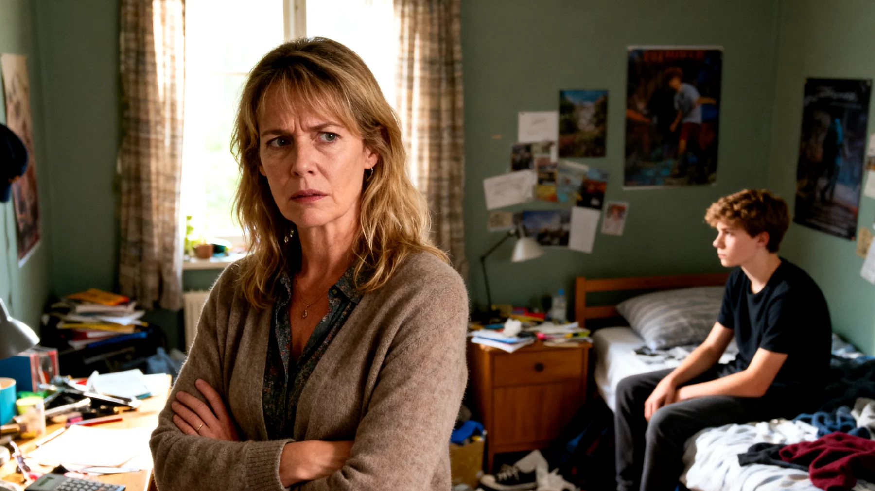 Moeder ervaart frustratie en machteloosheid omdat haar adolescent weigert mee te werken aan dagelijkse taken zoals huishoudelijke klusjes, persoonlijke hygiëne of gezinsactiviteiten, wat leidt tot dagelijkse conflicten en spanning in de gezinsrelatie"