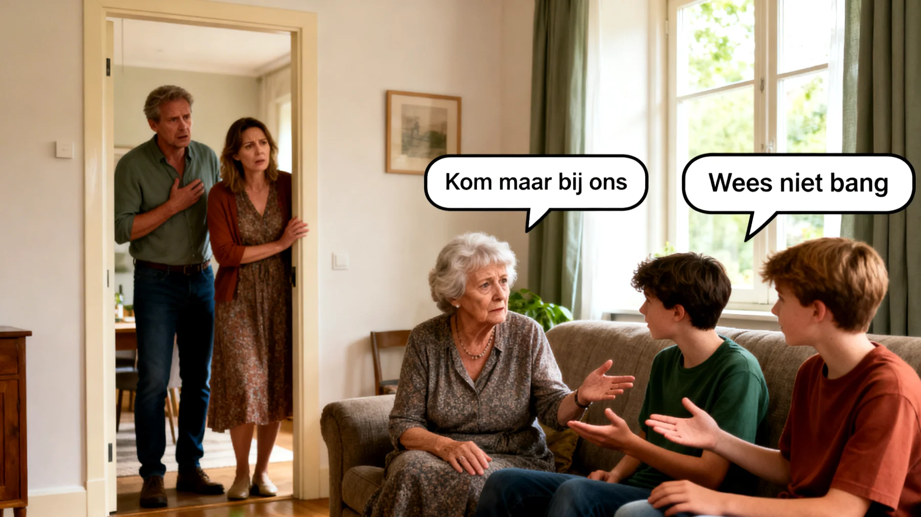 Oma heeft moeite met 'nee' zeggen tegen haar adolescente kleinkinderen, wat leidt tot onduidelijke grenzen en mogelijk conflict met de ouders over opvoedingsstijlen"