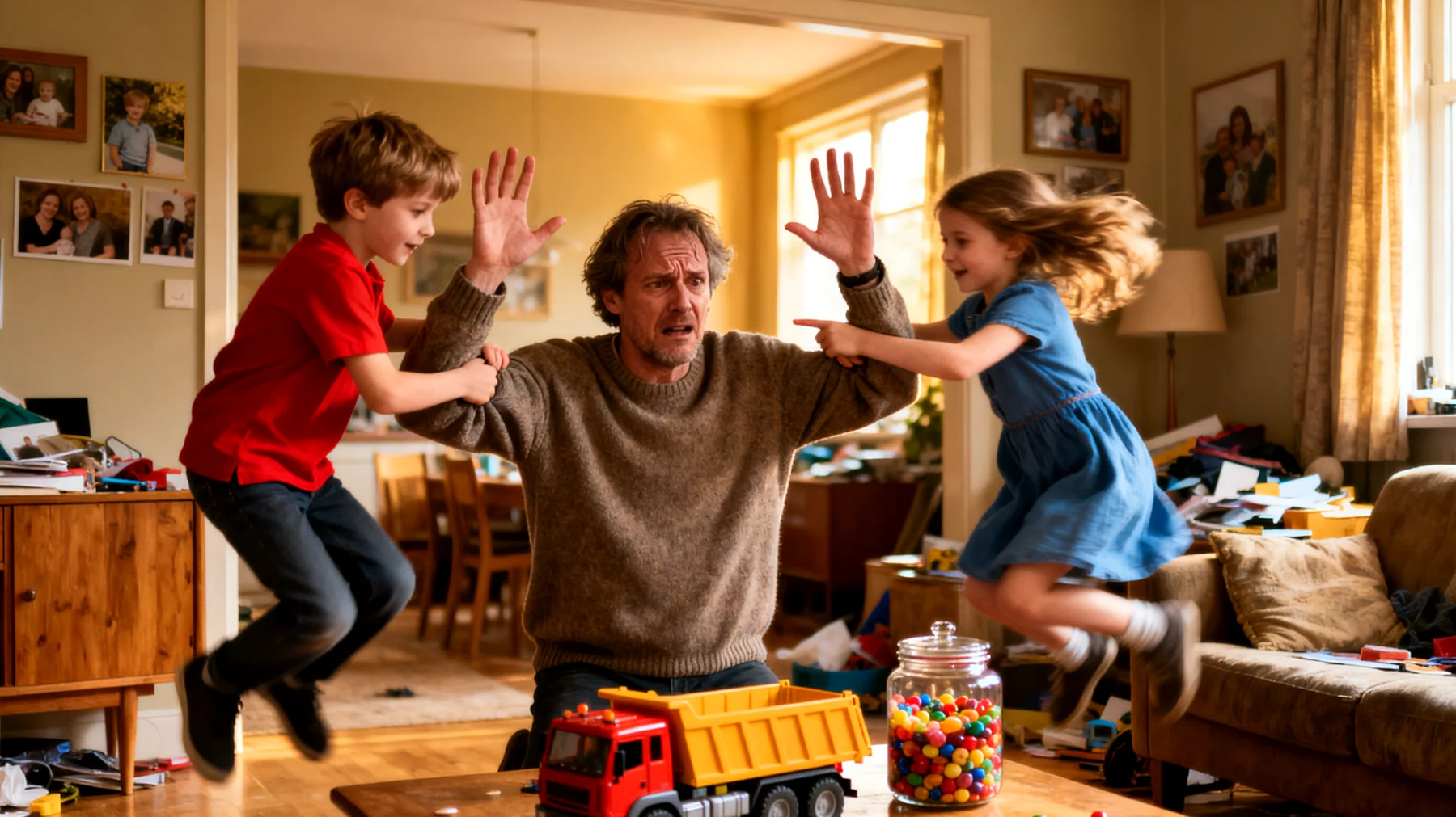 Vader heeft moeite met 'nee' zeggen tegen zijn kinderen, wat leidt tot inconsistente grenzen, overmatige toegeeflijkheid en mogelijk gebrek aan structuur in de opvoeding"